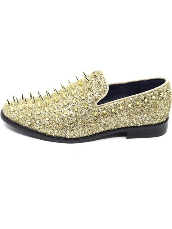 Metrocharm Men\'s Gold Sparkly Glitter Spike Sequin Tuxedo Loafer Slip On Shoes